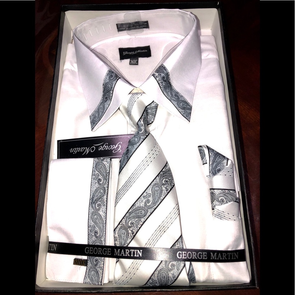 👔New long Sleeve Dress Shirt Tie Handkerchief set